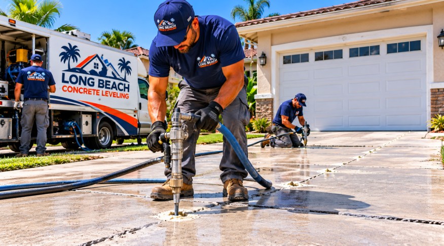 Long Beach Concrete Leveling crew lifting a sunken driveway in front of a Long Beach home