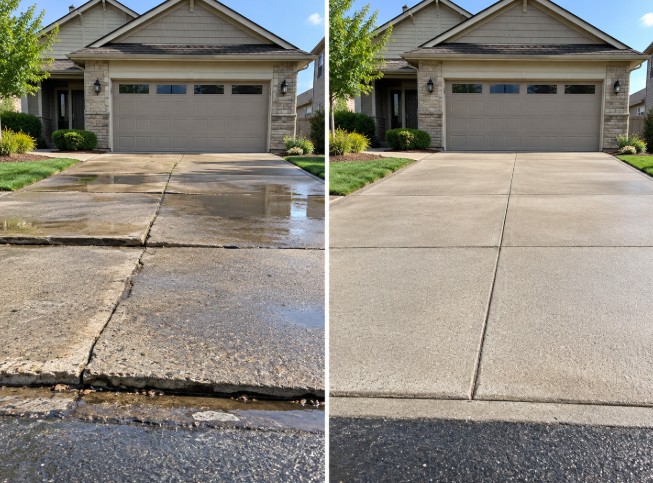 Cracked, sunken driveway with standing water before leveling, and the same driveway smooth and even after concrete leveling