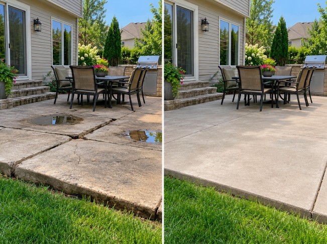 Sunken patio slabs with puddles before leveling, and the same patio level and dry after concrete leveling
