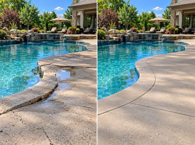 Cracked, sinking pool deck before leveling, and the same pool deck smooth and even after concrete leveling