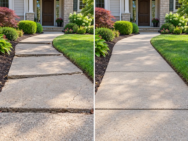 Uneven, cracked front walkway before leveling, and the same walkway flat and aligned after concrete leveling