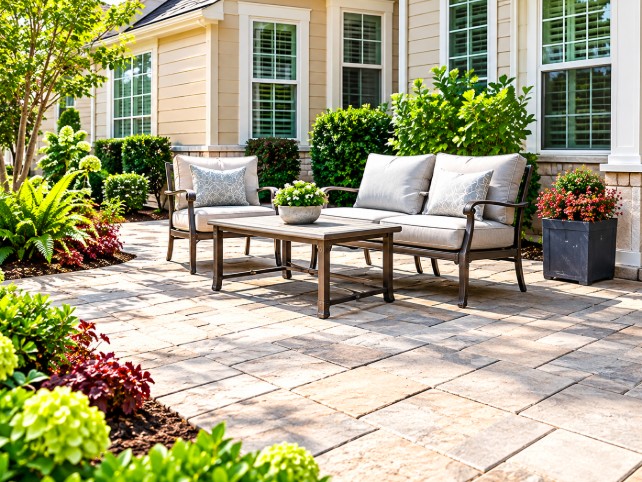 Leveled concrete patio with outdoor furniture