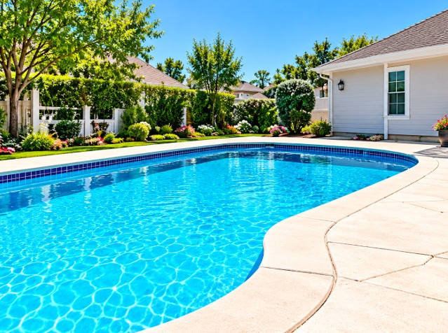 Level concrete pool deck around a backyard swimming pool