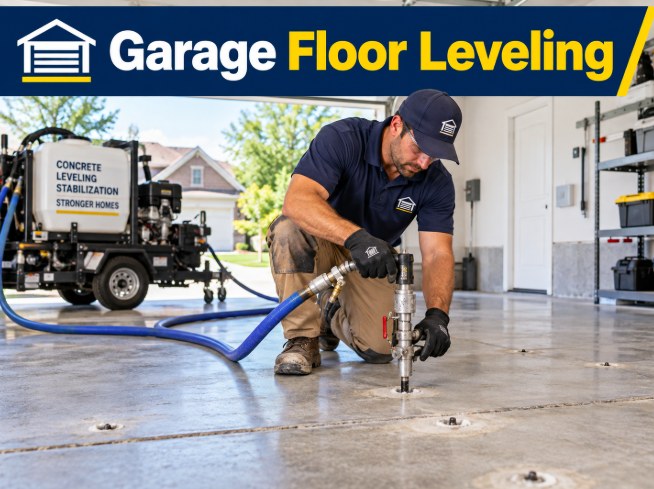 Long Beach Concrete Leveling technician performing garage floor leveling