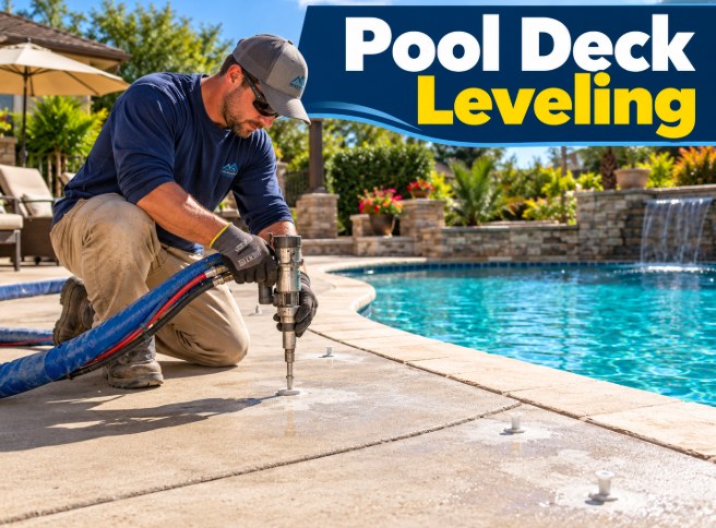 Long Beach Concrete Leveling technician performing pool deck leveling