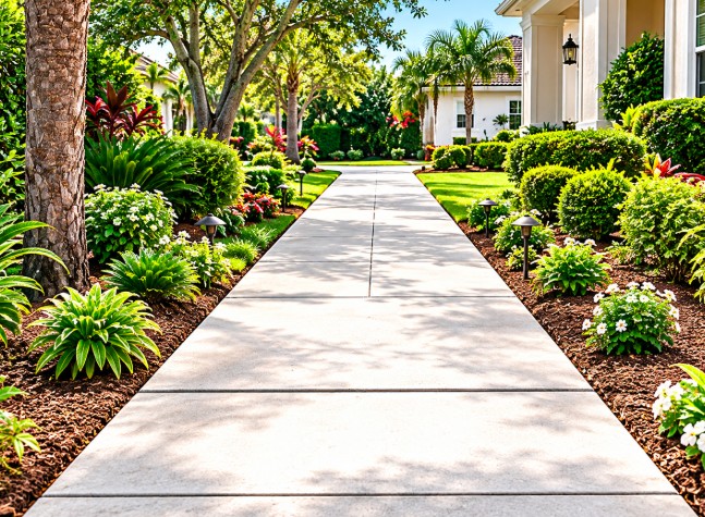 Level concrete sidewalk lined with landscaping